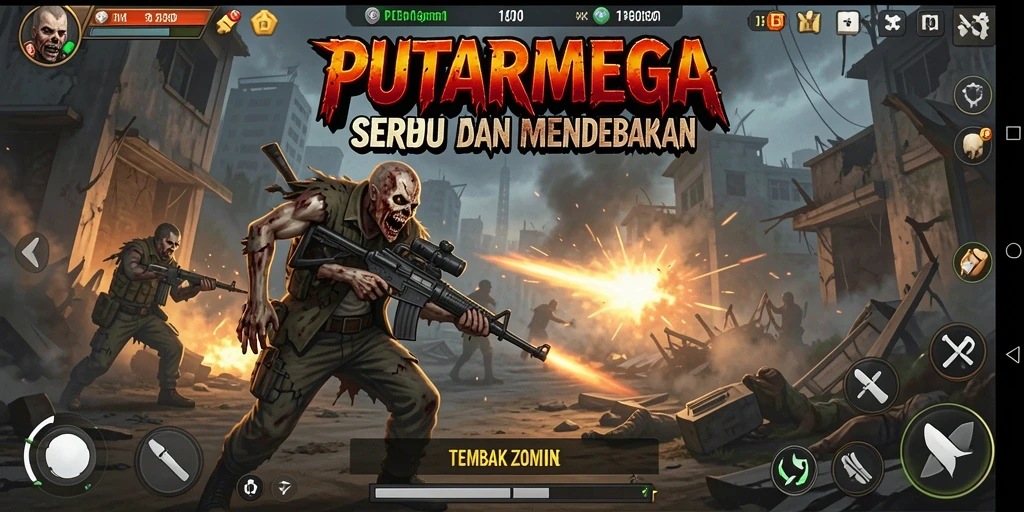 Tampilan antarmuka PUTARMEGA yang menegangkan saat melawan zombie.