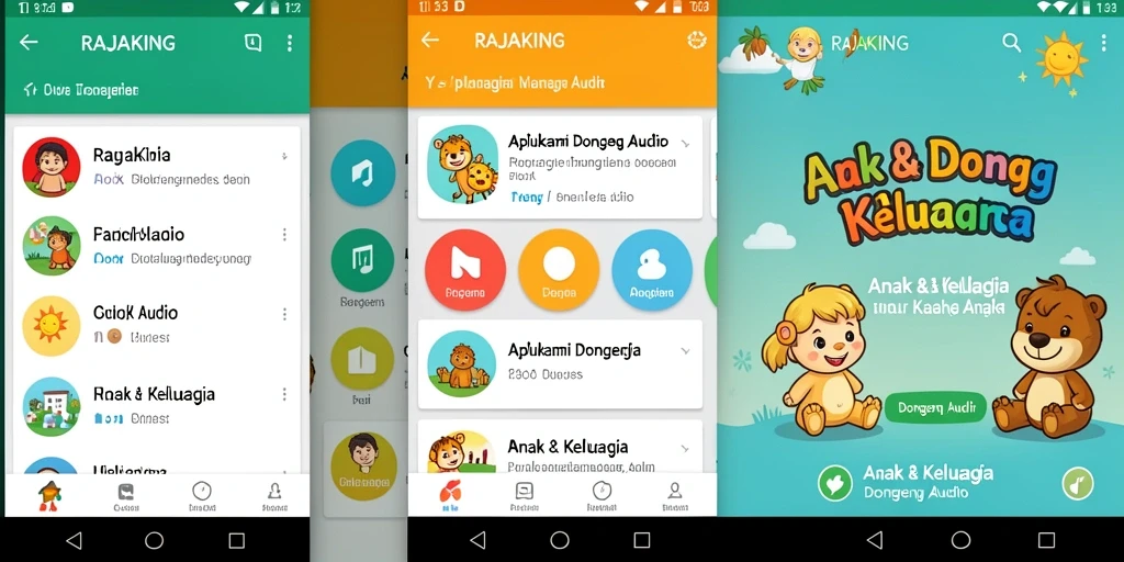 Antarmuka aplikasi RAJAKING dengan berbagai pilihan dongeng audio.